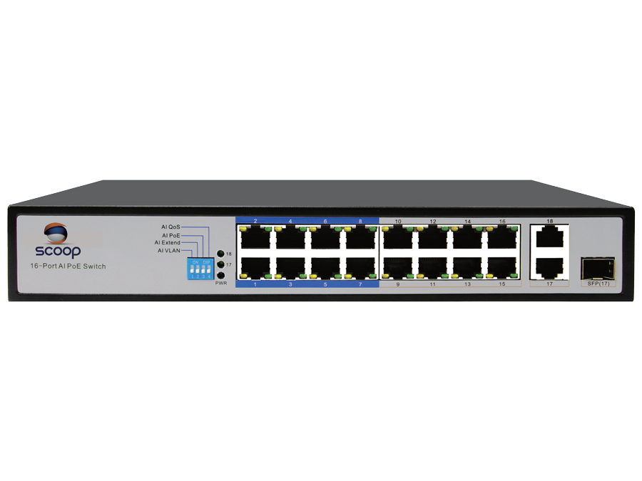 Scoop 16 Port Fast Ethernet PoE 150W 2 Gigabit 1SFP Switch – product image