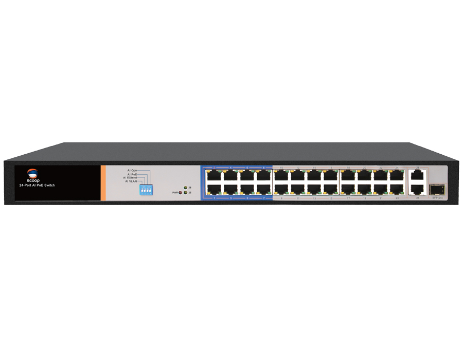 Scoop 24 Port Fast Ethernet PoE 250W 2 Gigabit 1SFP Switch – product image