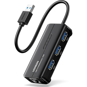 UGREEN USB Type-A Male to Ethernet Adapter with 3-Port USB Hub – Black (20265-20265) – product image