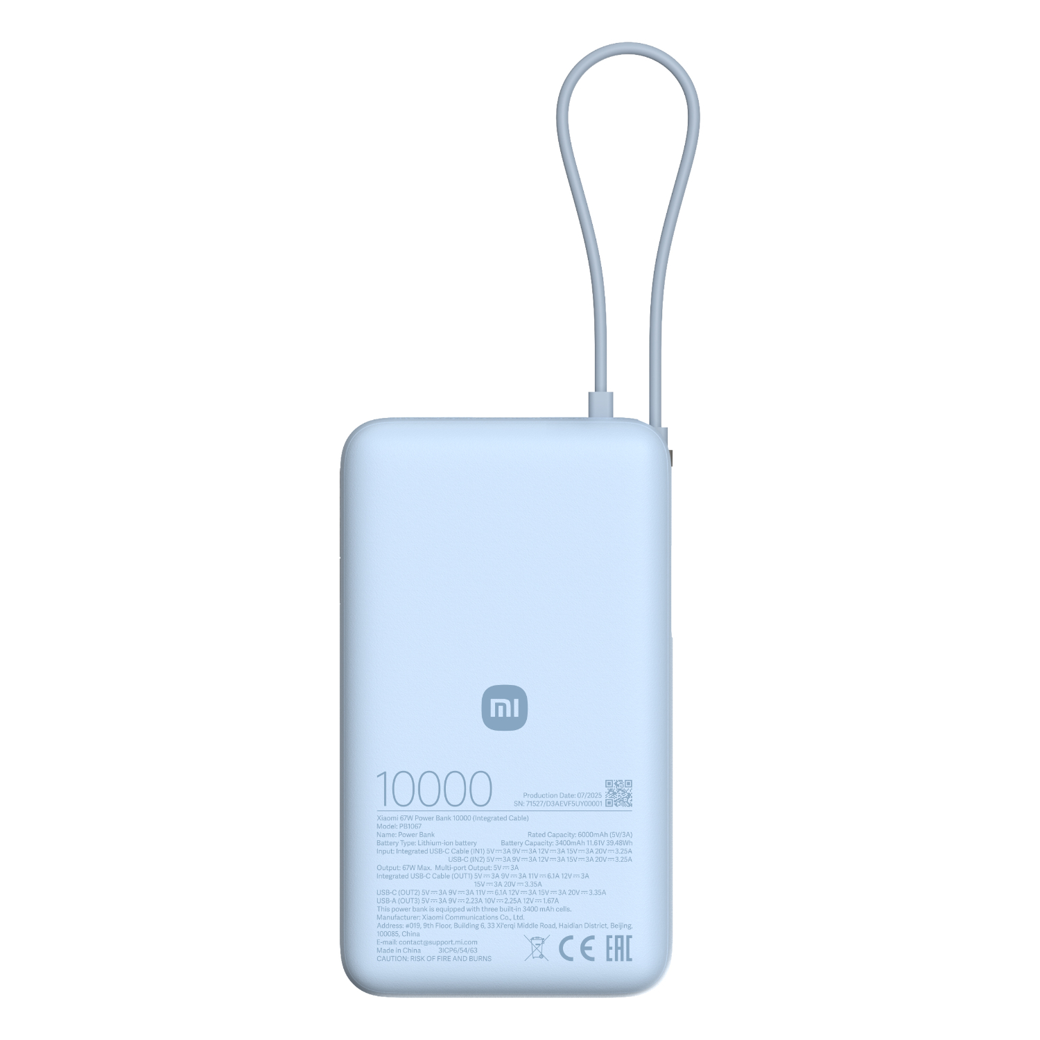 Xiaomi 67W Power Bank 10000mAh (Integrated Cable) - Ice Blue (BHR08NZGL) – product image