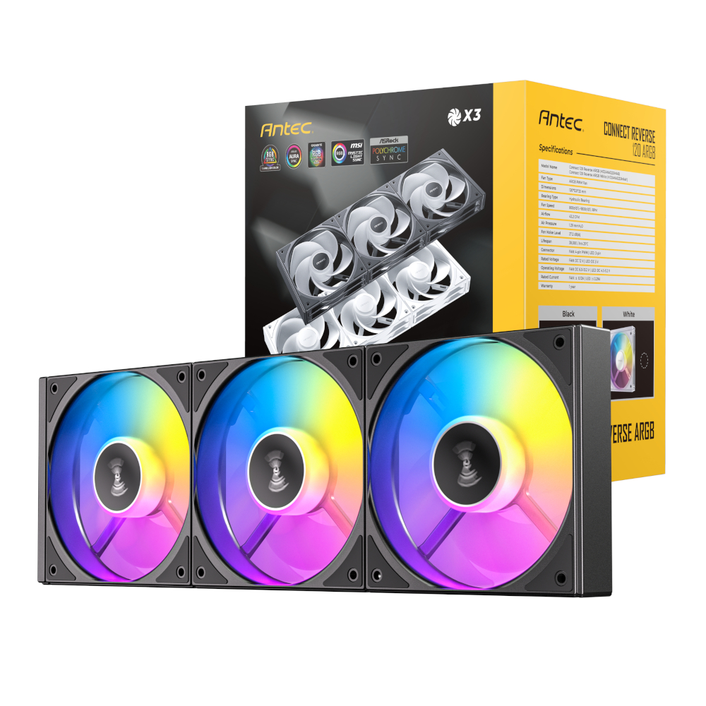 Antec Connect 120 Reverse ARGB PWM Fan 3 Pack - Black (C120R ARGB 3PK BK) – product image