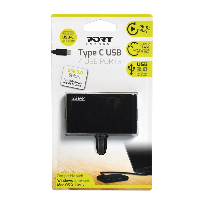 Port USB Type-C to 4 x USB3.0 5Gbps 30cm 4 Port Hub - Black (900123) – product image