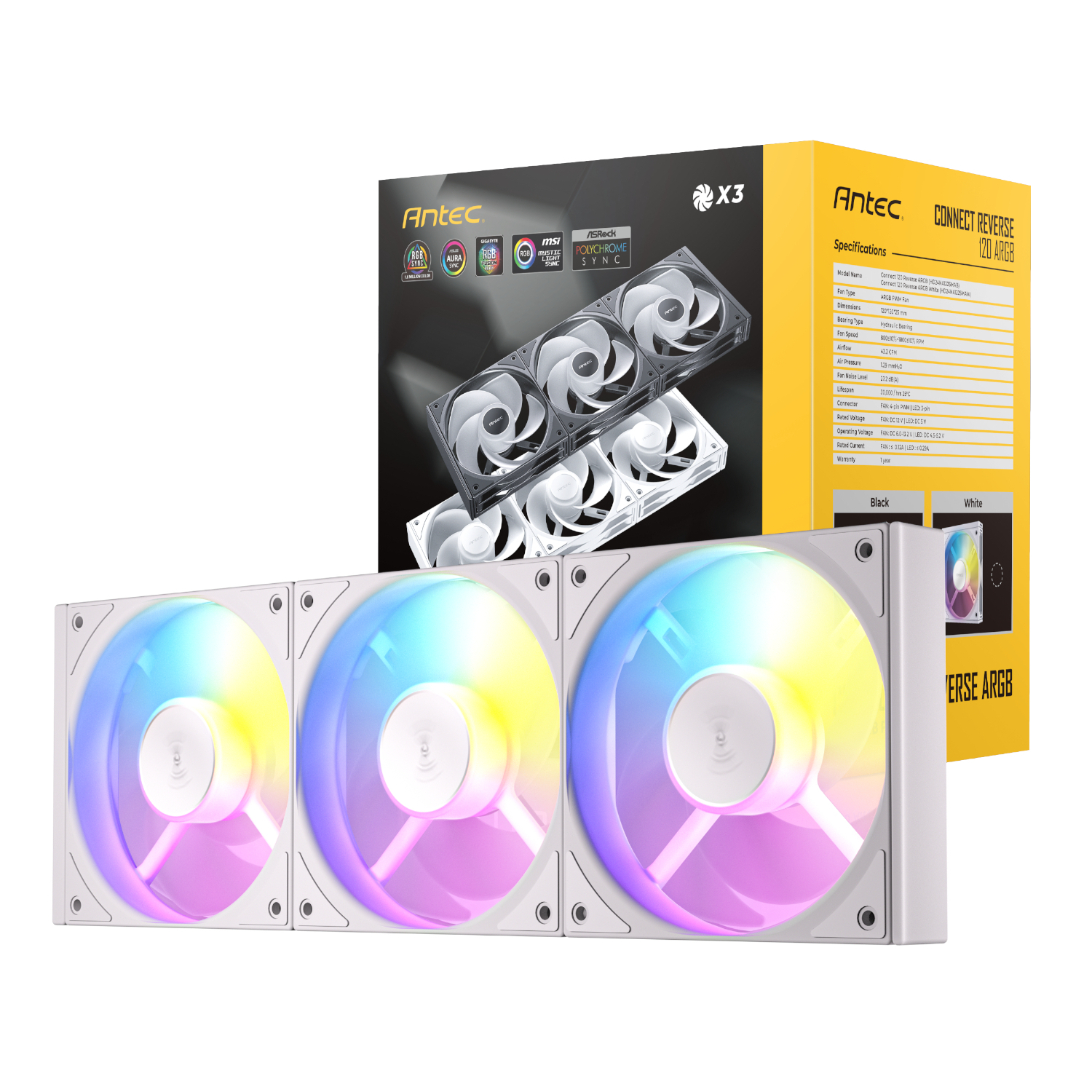 Antec Connect 120 Reverse ARGB PWM Fan 3 Pack – White (C120R ARGB 3PK WH) – product image