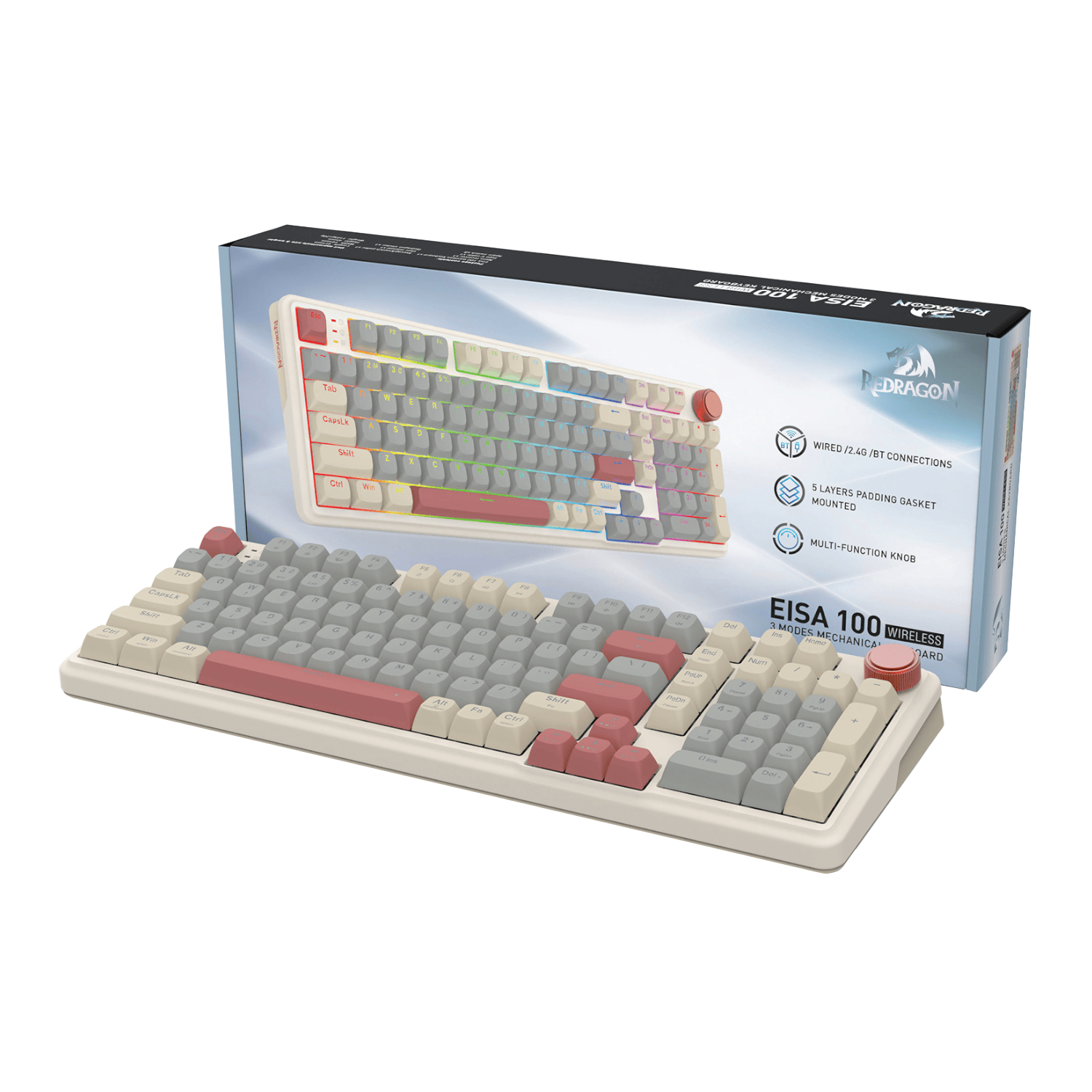Redragon EISA 100 Retro RGB Wireless Mechanical Keyboard - Cream/Grey (RD-K768WGR-WL) – product image